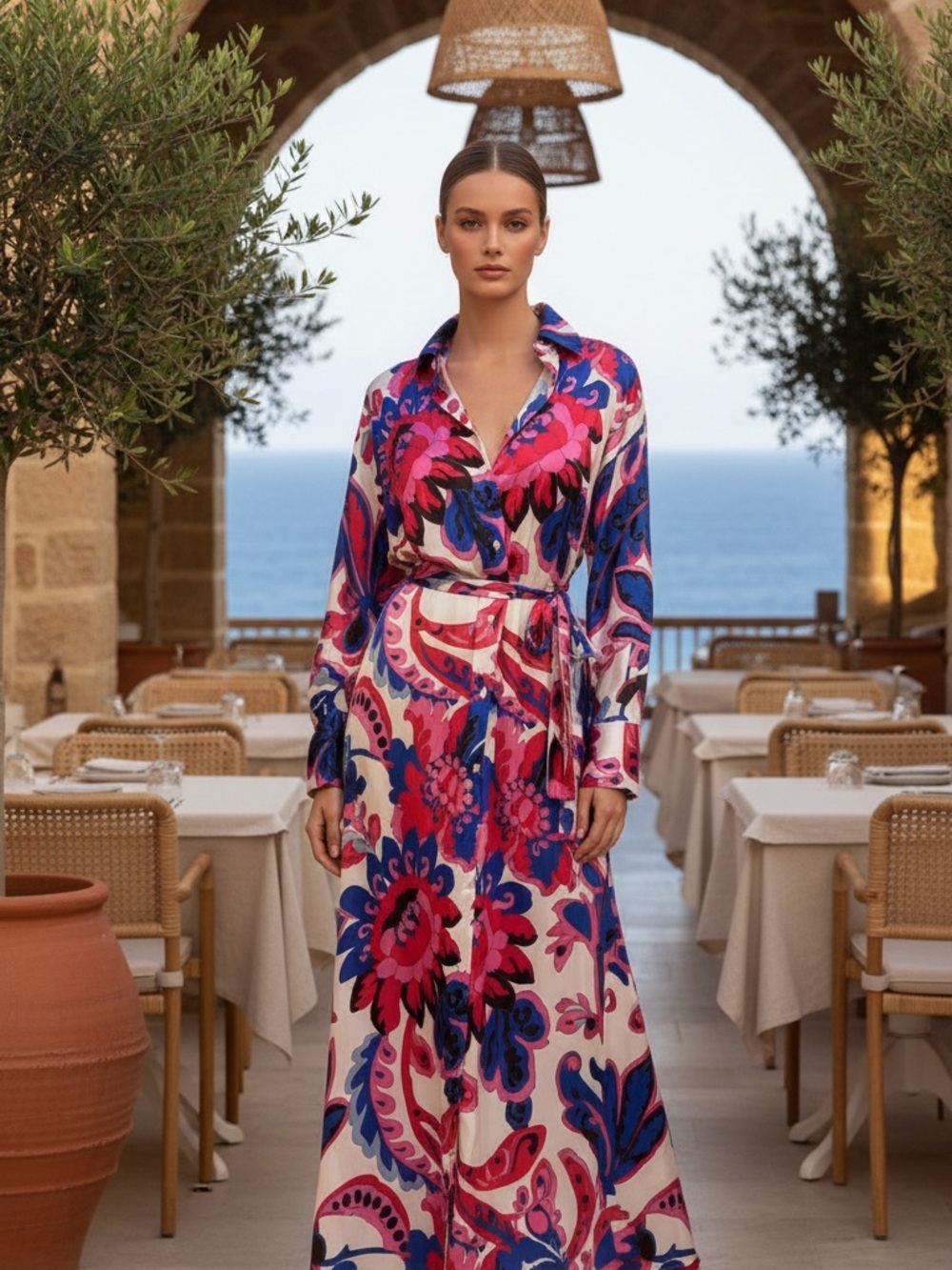 Floral Print Maxi Shirt Dress with Belt - Pink & Blue